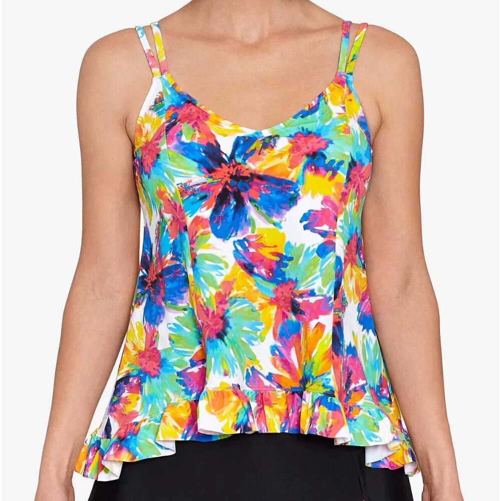 Swim Solutions Womens Hi-Low Floral Printed Beachwear Tankini Swim Top Size 8